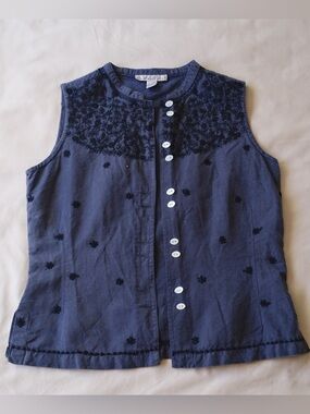 Linen Embroidered Abalone‎ Button Front Top Lagenlook Coastal Minimalist Blouse